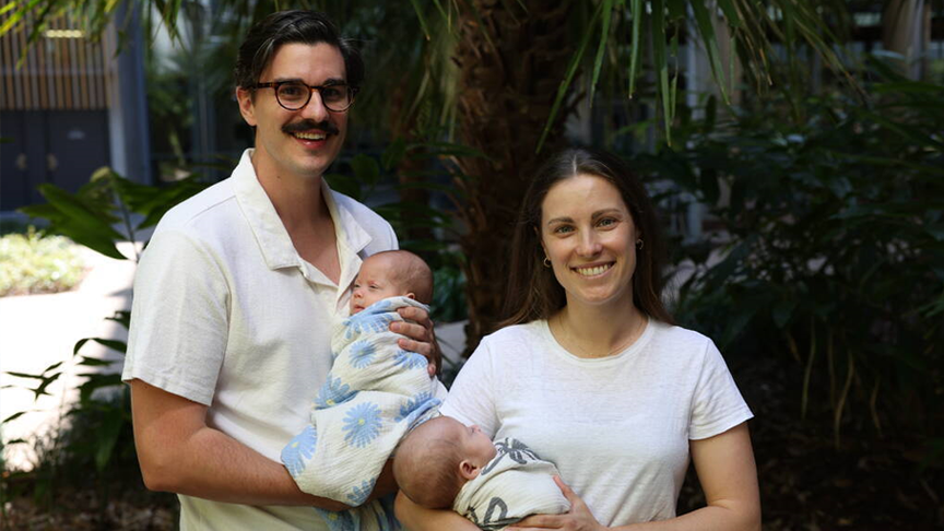 Ryan and Meg Erskine with their twin daughters Zoe and Matilda. 