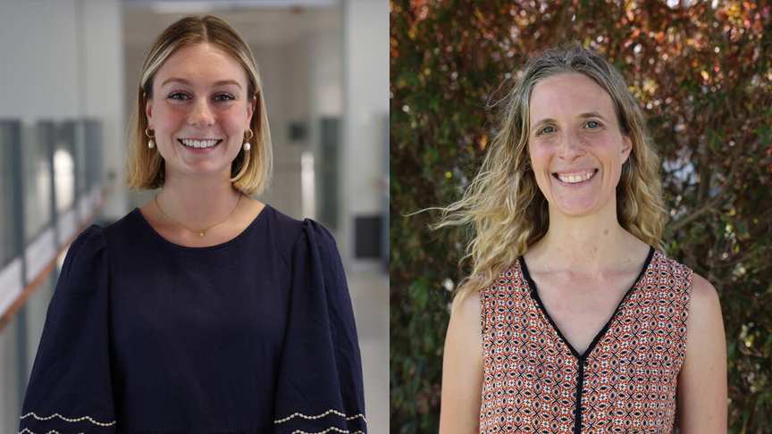 Headshot of Monique Terol standing in a hospital hallway and Anna Mason standing in front of trees