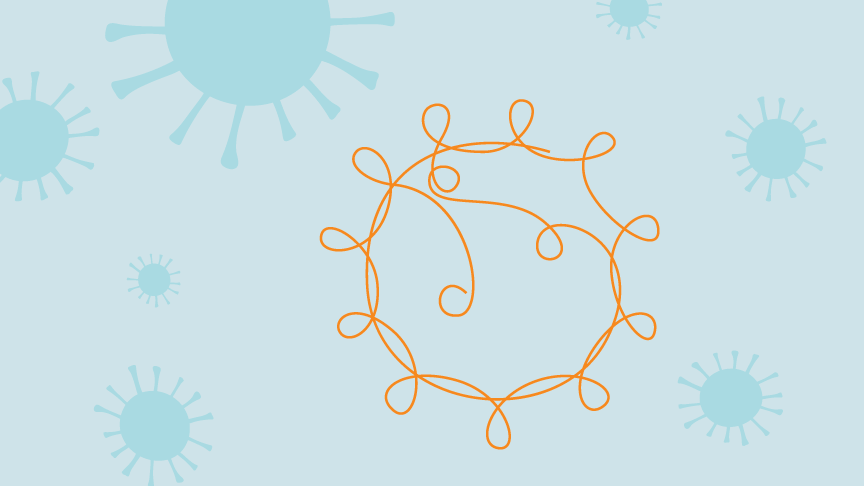 Orange outline line illustration of a 'germ' on a light blue background with dark blue germ graphics