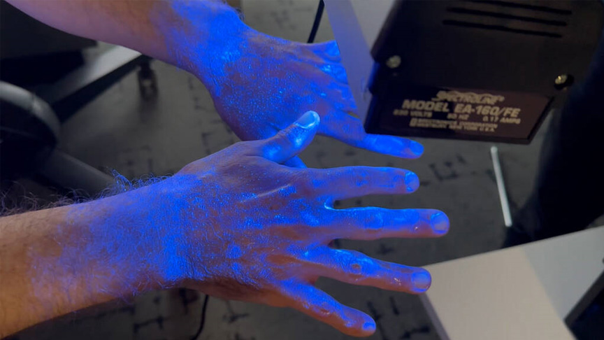 The simulated 'germs' left on the hands after a 'quick' hand wash. 